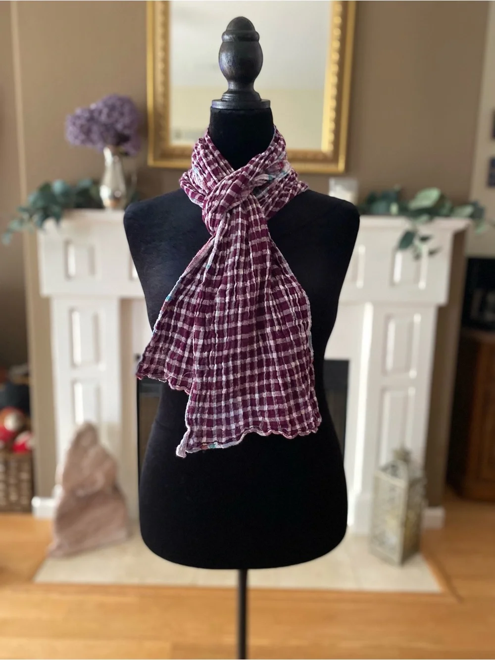Plaid Lightweight Reversible Scarf in Maroon and Blue - Women Accessories